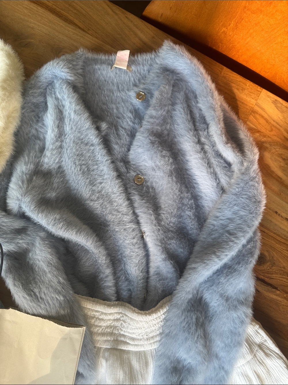 Hollister Cream & Light Blue Fuzzy Cardigan and skirt sets- Cozy Layering - Picture 7 of 10